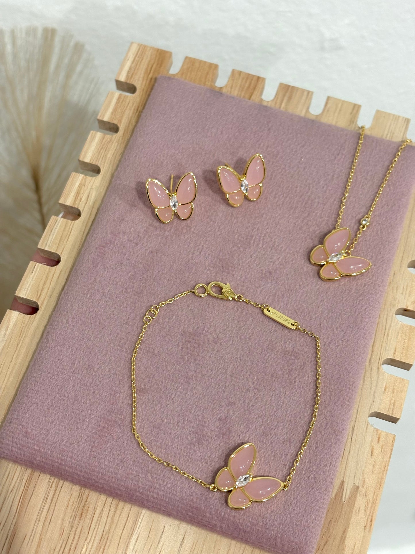 Rose Quartz Butterfly Rhinestone Set: Necklace, Bracelet, Earrings