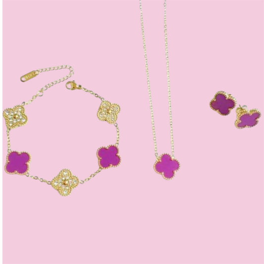 Violet Gold Rhinestones Clover Stainless Steel Jewelry Set: Necklace, Earrings, Bracelet
