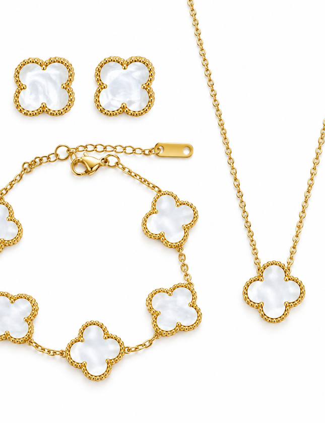 Mother Of Pearl White Clover Stainless Steel Jewelry Set: Necklace, Earrings, Bracelet