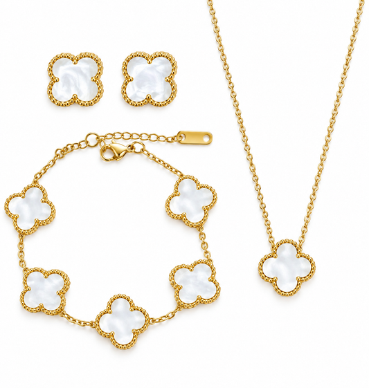 Mother Of Pearl White Clover Stainless Steel Jewelry Set: Necklace, Earrings, Bracelet