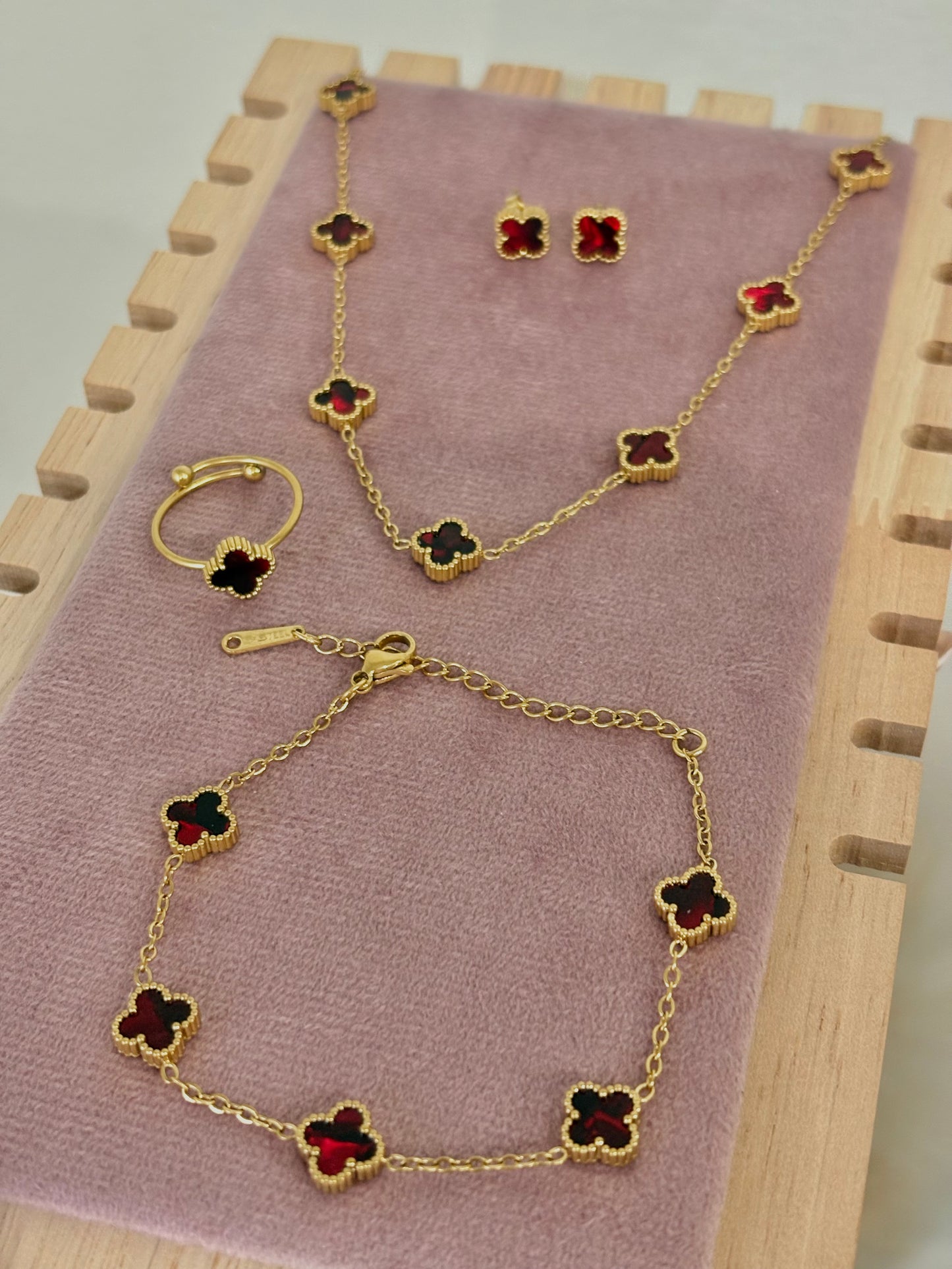Red Baby Clover Stainless Steel Jewelry Set: Necklace, Earrings, Bracelet, Ring