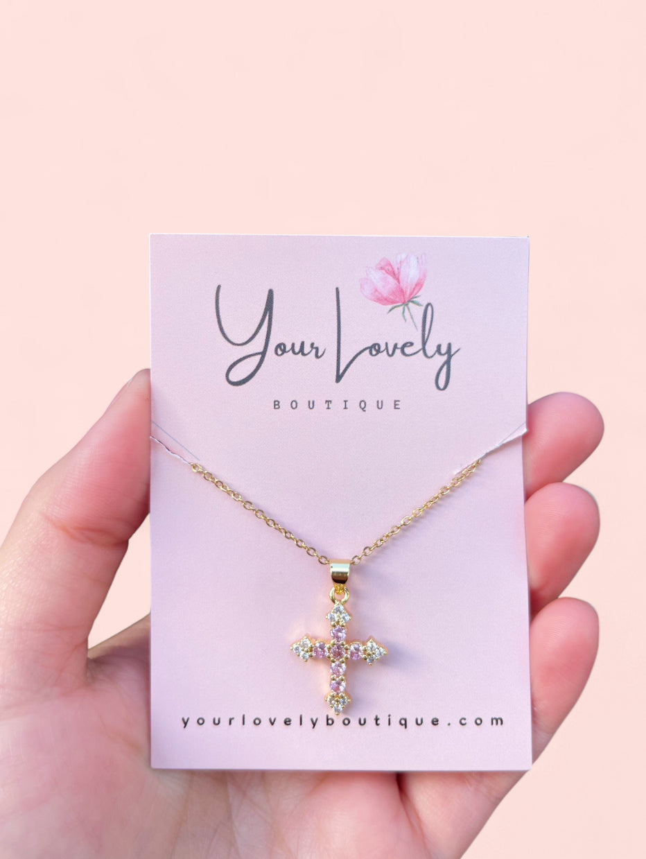 Pink Cross Rhinestone Necklace Gold Stainless Steel