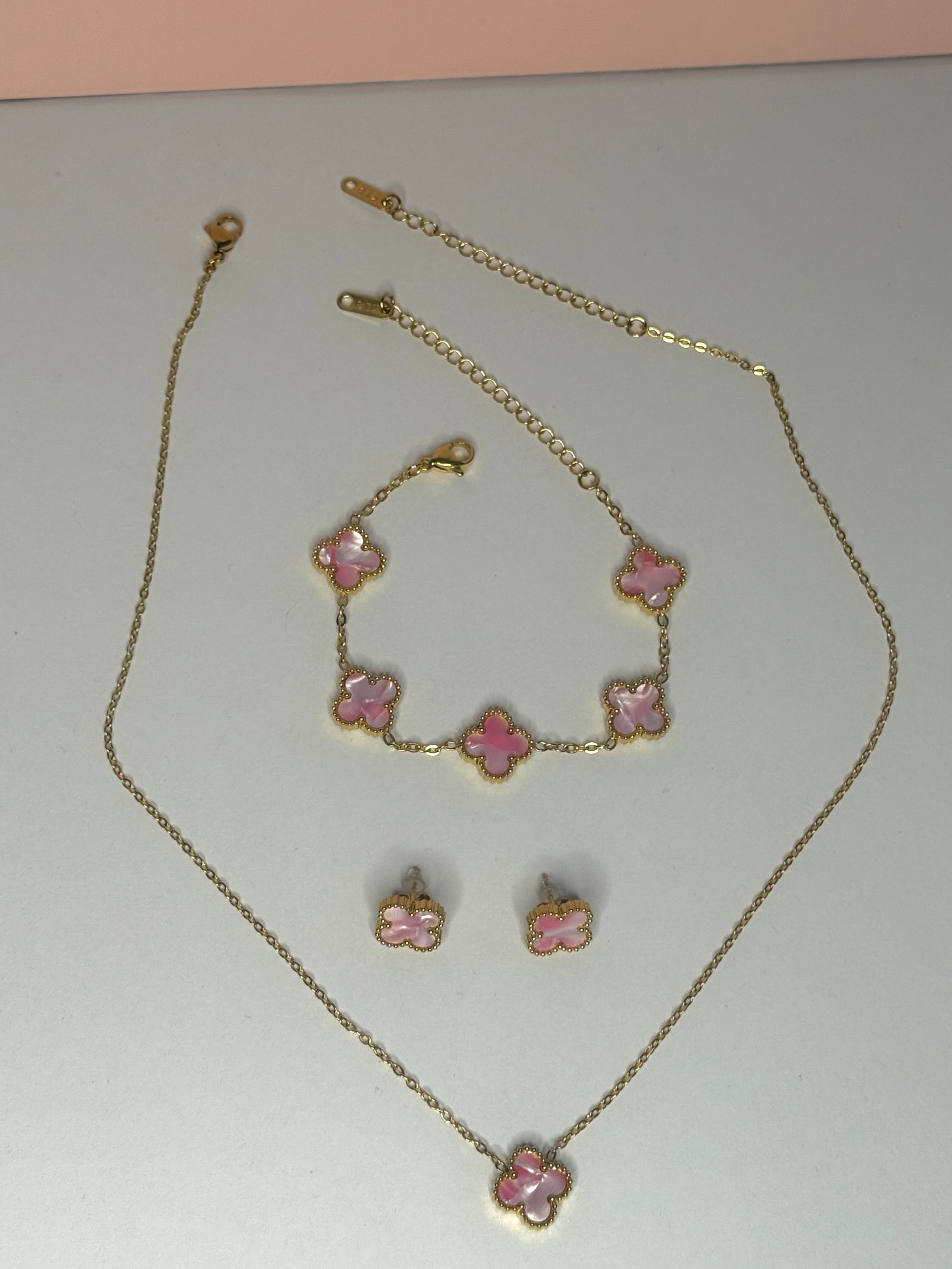 Pink Clover Stainless Steel Jewelry Set: Necklace, Earrings, Bracelet