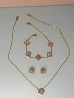 Load image into Gallery viewer, Pink Clover Stainless Steel Jewelry Set: Necklace, Earrings, Bracelet
