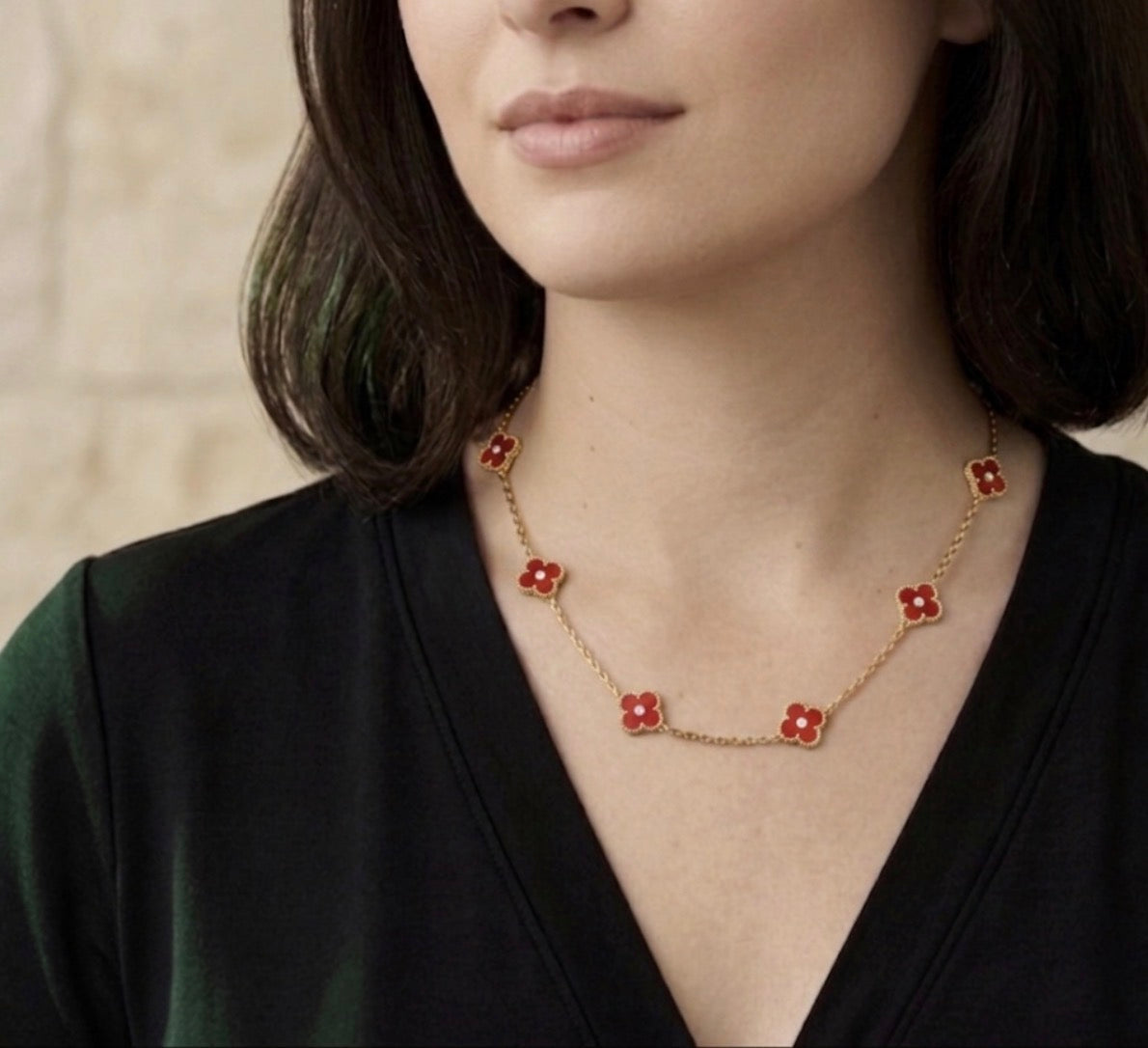 Red Mini 7 Clover Rhinestone Center Stainless Steel Necklace