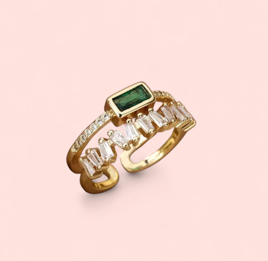 Jade Rhinestone Gold Stainless Steel Adjustable Ring