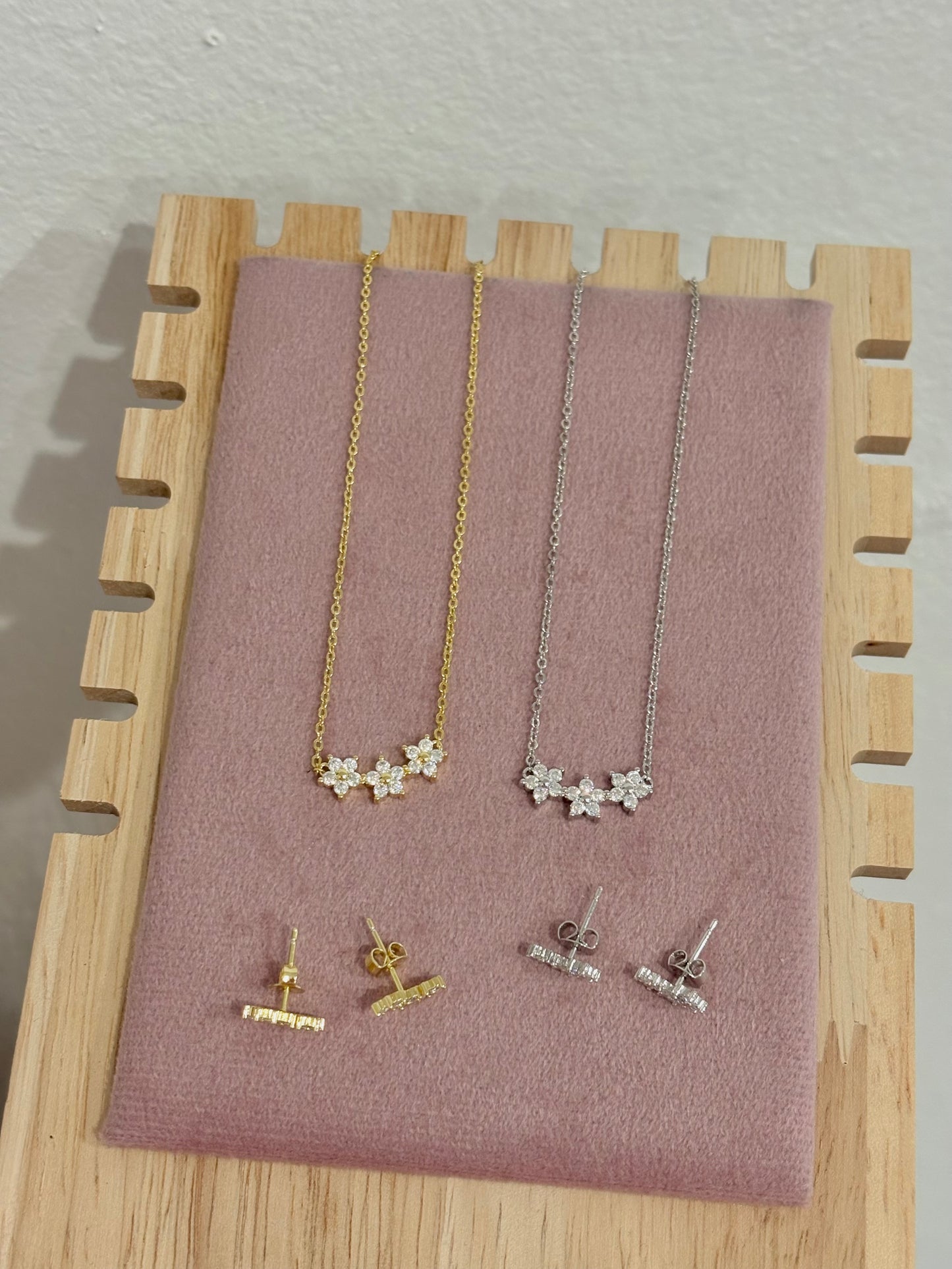Triple Flower Moissanite Necklace and Bar Earring Set 14K Gold Filled (GRA Certified)