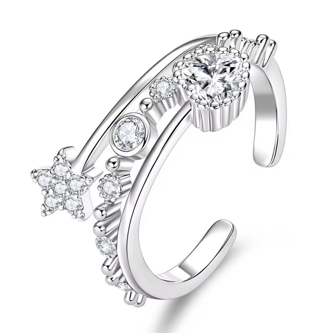 Dazzling Star & Heart Moissanite Adjustable Ring – Gold Filled & White Gold Filled Open-Band Celestial Ring