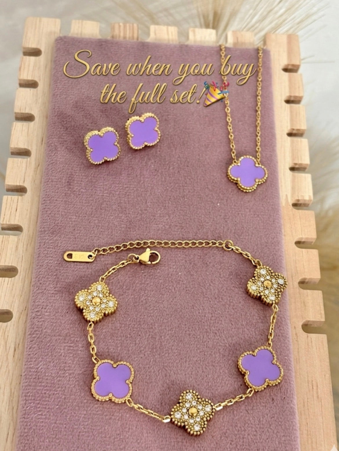 Lilac and Gold Rhinestones Clover Stainless Steel Jewelry Set: Necklace, Earrings, Bracelet