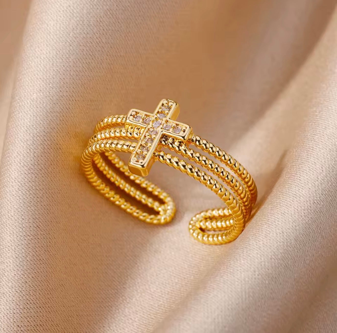 18K Gold Plated Stainless Steel Adjustable Cross Ring – Triple Band Pave CZ Statement Ring