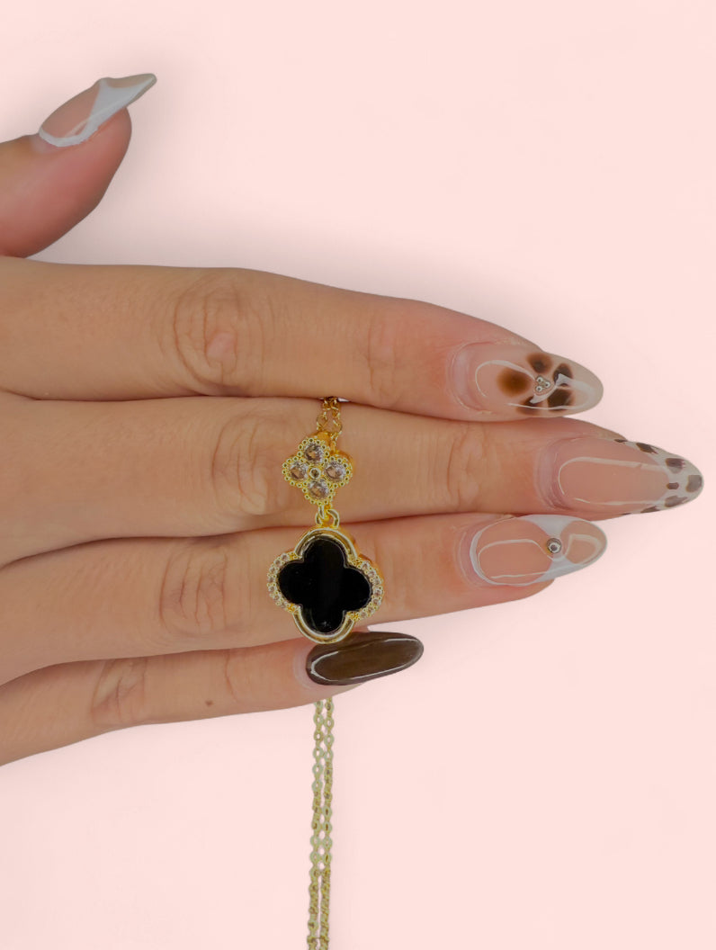 Luxe Clover Zicron Stainless Steel Necklace and Earrings Set: Black and White