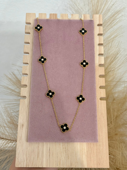 Black Mini 7 Clover Rhinestone Center Stainless Steel Necklace