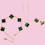 Load image into Gallery viewer, Green Clover Stainless Steel Jewelry Set: Necklace, Earrings, Bracelet, Ring
