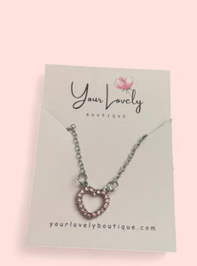 Silver Pink Heart Rhinestone Necklace