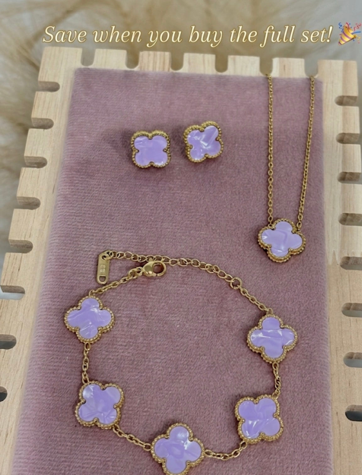 Lavender Pearl & Gold Clover Stainless Steel Jewelry Set: Necklace, Earrings, Bracelet