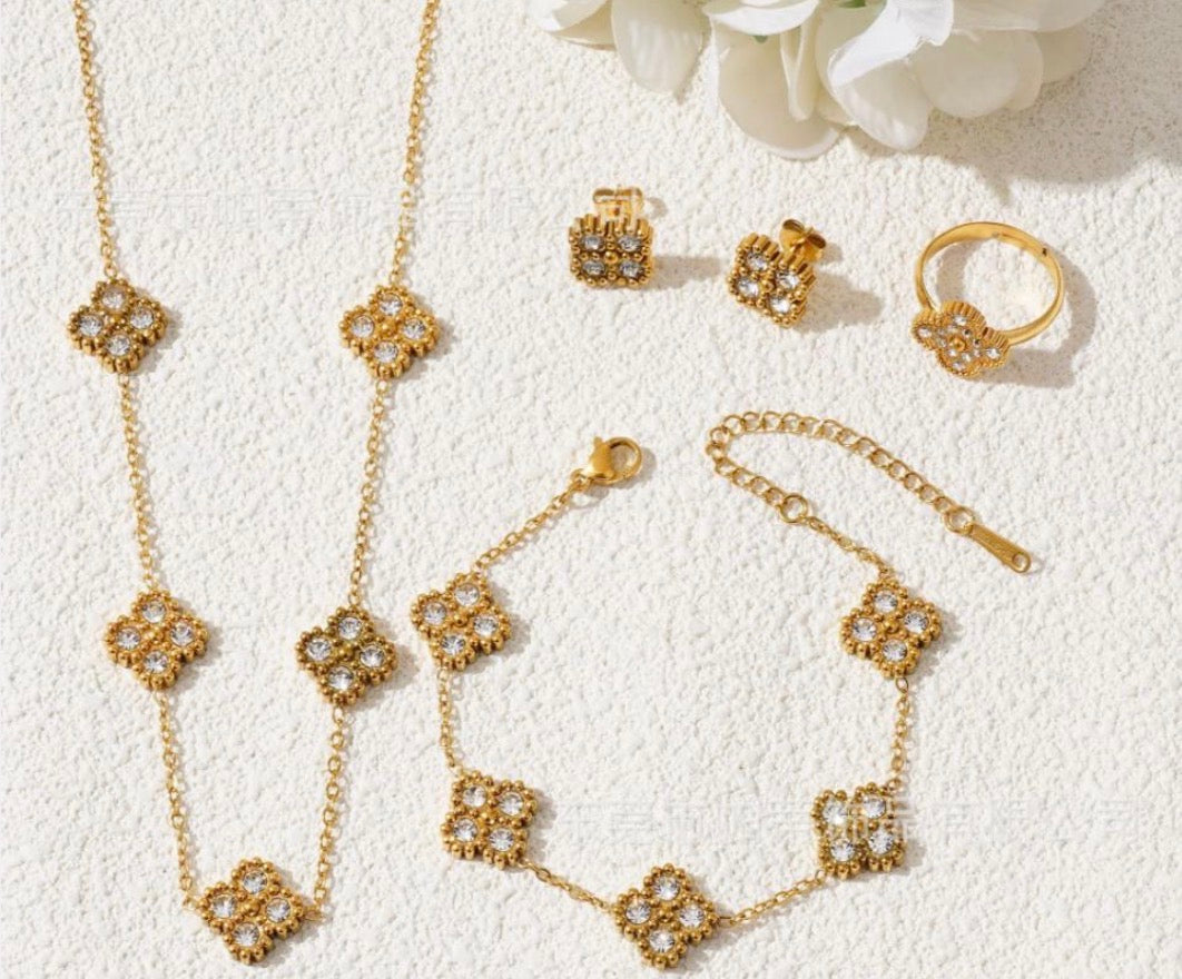 Gold Clover Rhinestones Clover Jewelry Set: 5 Necklace, Earrings, and Bracelet
