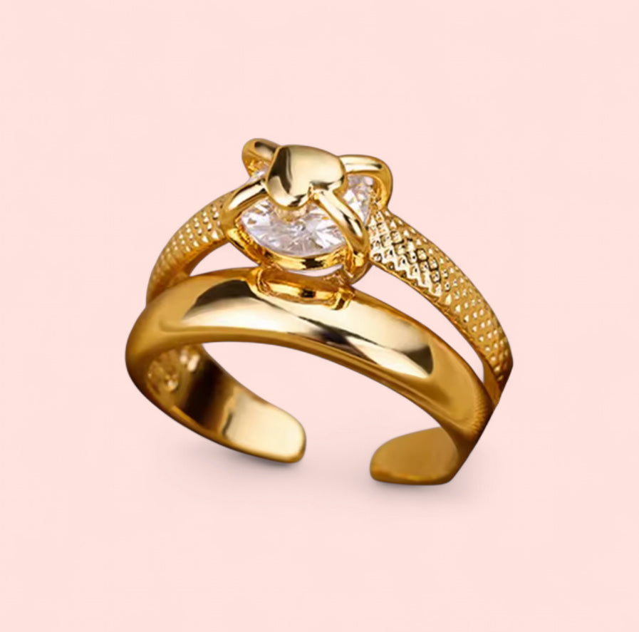 Double Band Rhinestone Stainless Steel Adjustable Ring