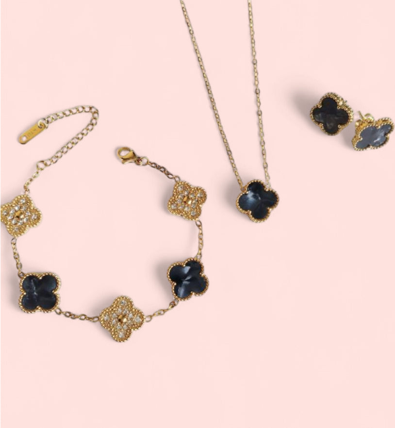 Marble Black and Gold Clover Stainless Steel Jewelry Set: Necklace, Earrings, Bracelet