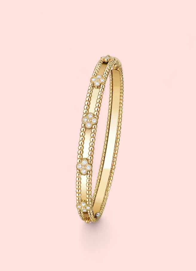 Luxury Beaded Edge Rhinestone Clover Bangle - Stainless Steel Hinge Bracelet
