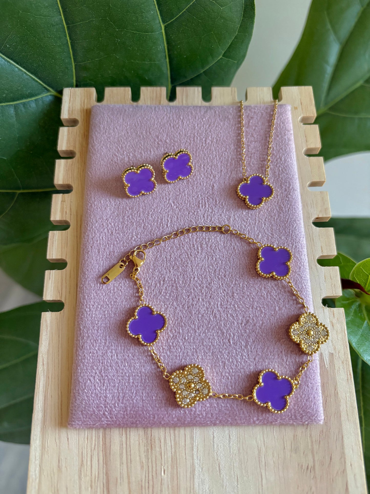 Violet Gold Rhinestones Clover Stainless Steel Jewelry Set: Necklace, Earrings, Bracelet