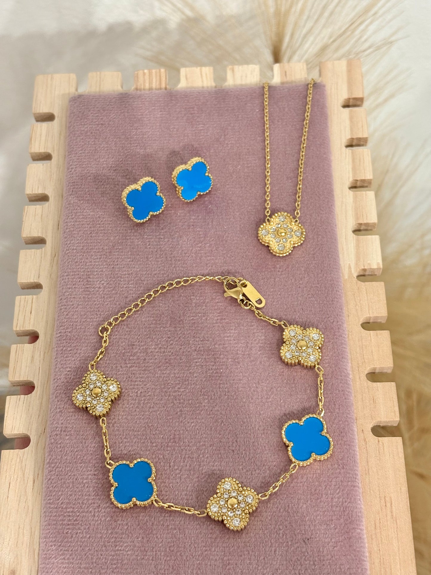 Dodger Blue & Gold Clover Stainless Steel Jewelry Set: Necklace, Earrings, Bracelet