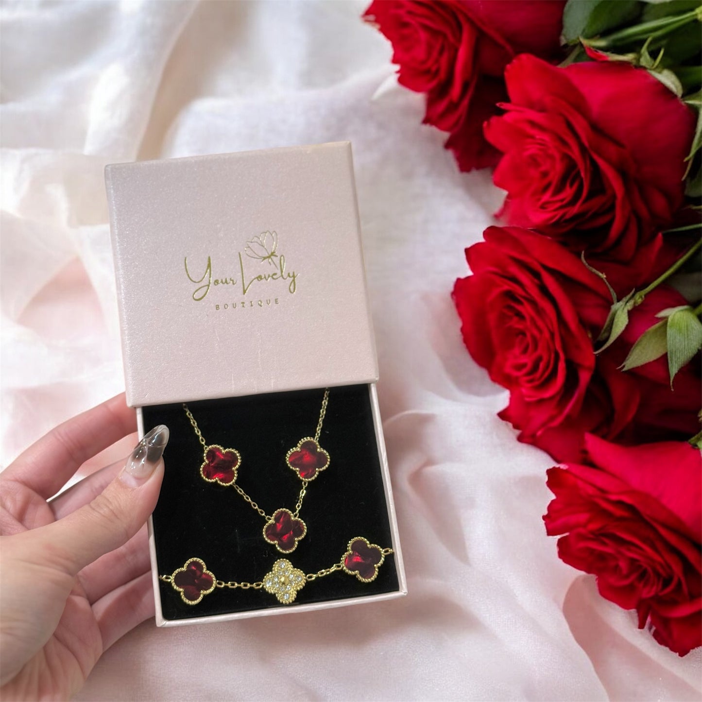Deep Red Enamel & Gold Clover Stainless Steel Jewelry Set: Necklace, Earrings, Bracelet