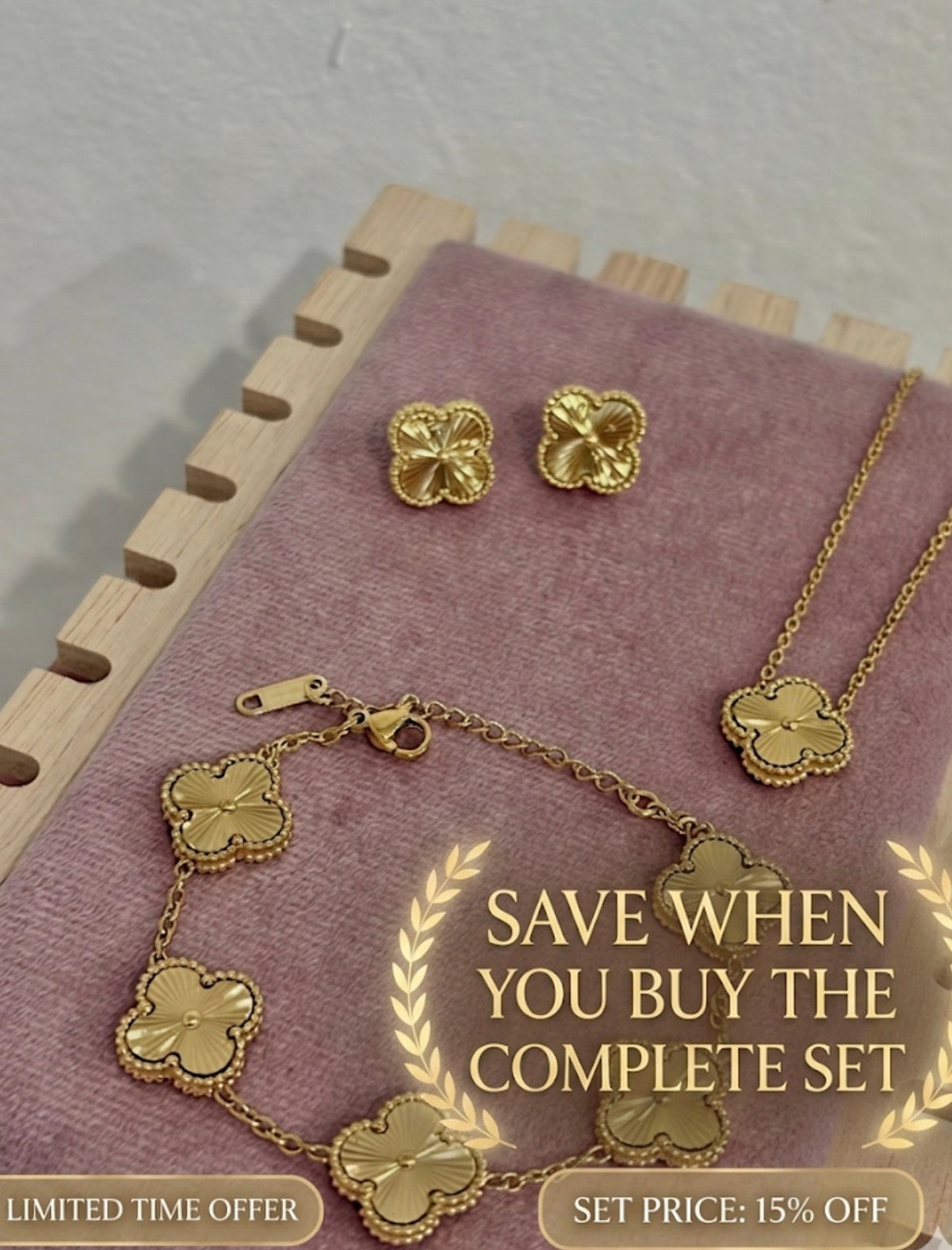 Gold Clover Stainless Steel Jewelry Set: Necklace, Earrings, Bracelet