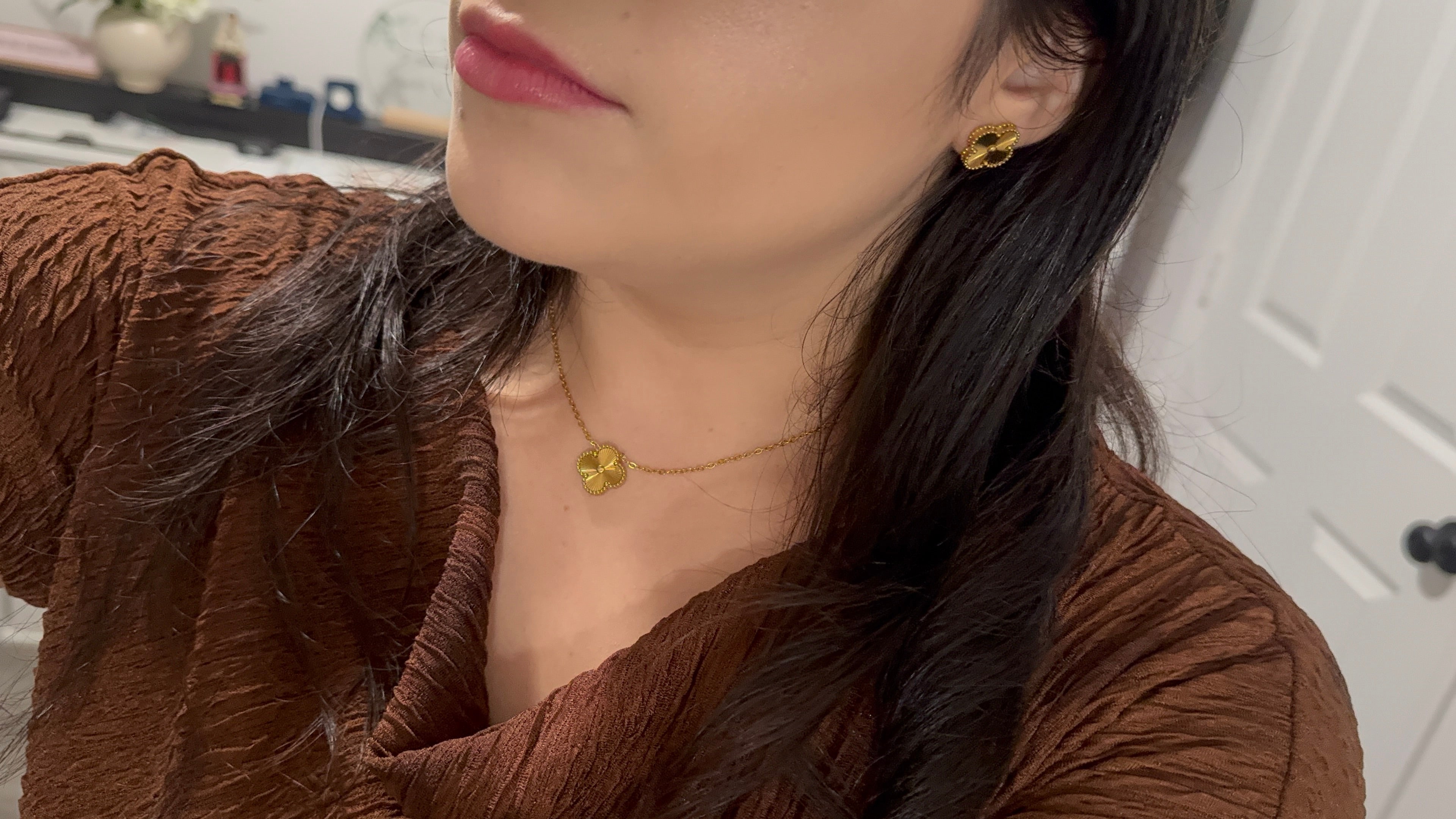 Gold Clover Stainless Steel Jewelry Set: Necklace, Earrings, Bracelet