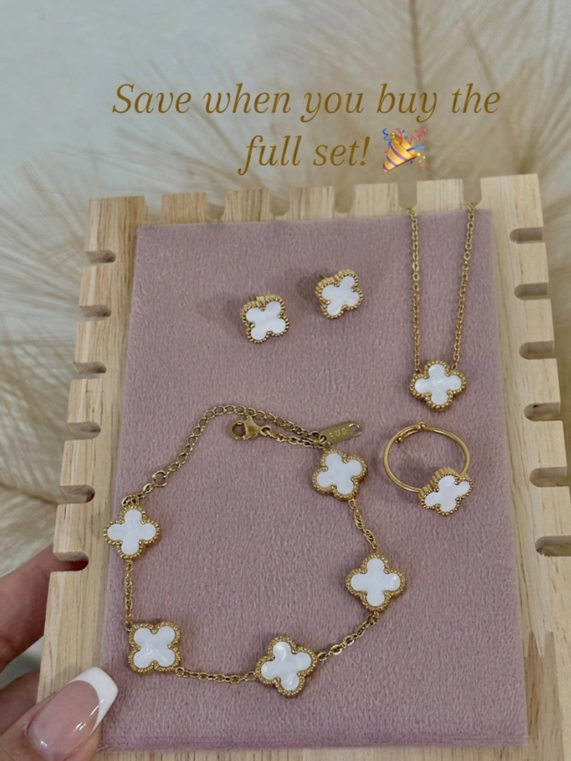 Mother Of Pearl White Clover Mini Stainless Steel Jewelry Set: Necklace, Earrings, Bracelet, Ring