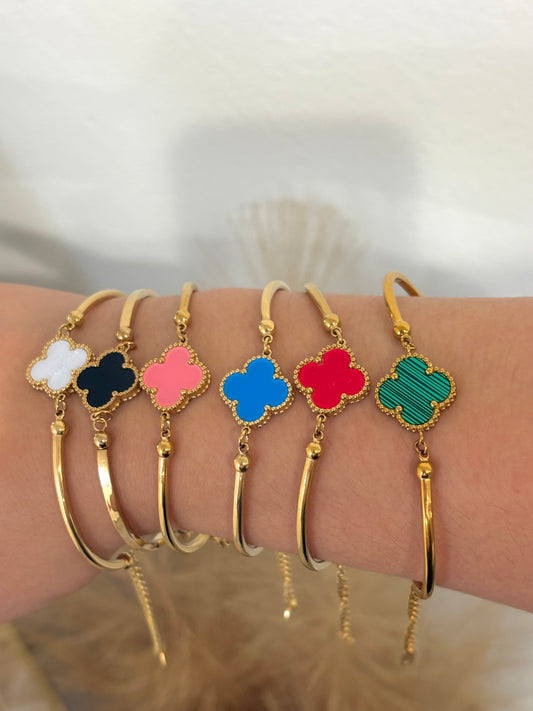 Lucky Clover Charm Bangle – Delicate Coquette Style Enamel & Stone Inlay Stackable Bracelet