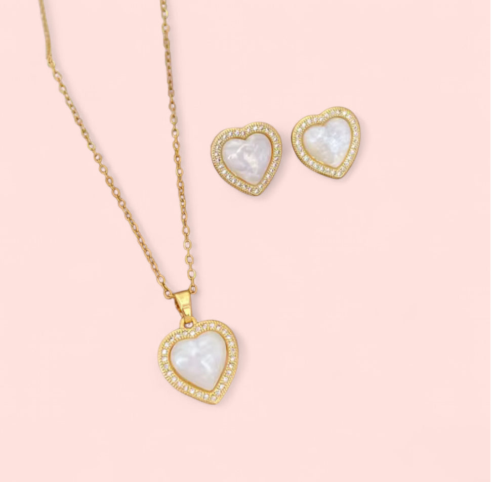 White Heart Zircon Stainless Steel Earrings/ Necklace