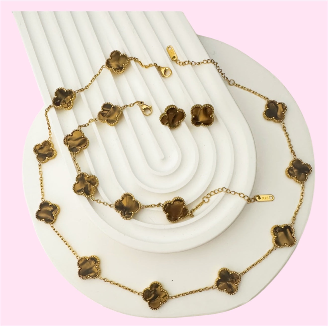 All Brown Marble & Gold Clover Stainless Steel Jewelry Set: Necklace, Earrings, Bracelet
