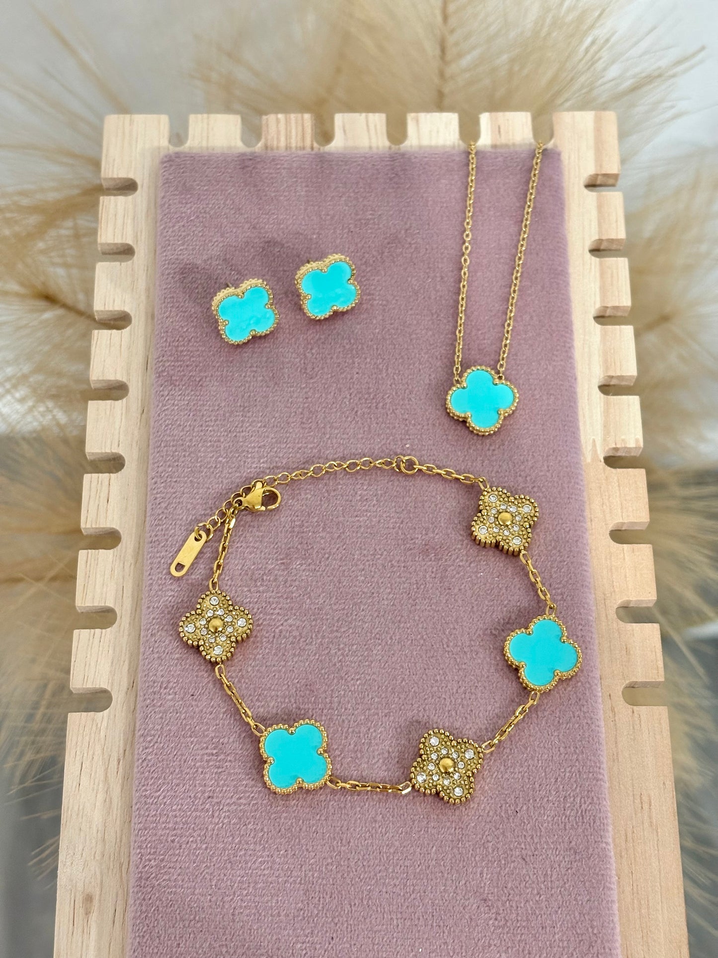 Tiffany Blue and Gold Clover Stainless Steel Jewelry Set: Necklace, Earrings, Bracelet