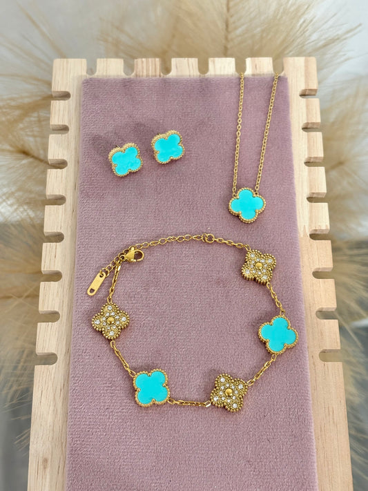 Tiffany Blue and Gold Clover Stainless Steel Jewelry Set: Necklace, Earrings, Bracelet