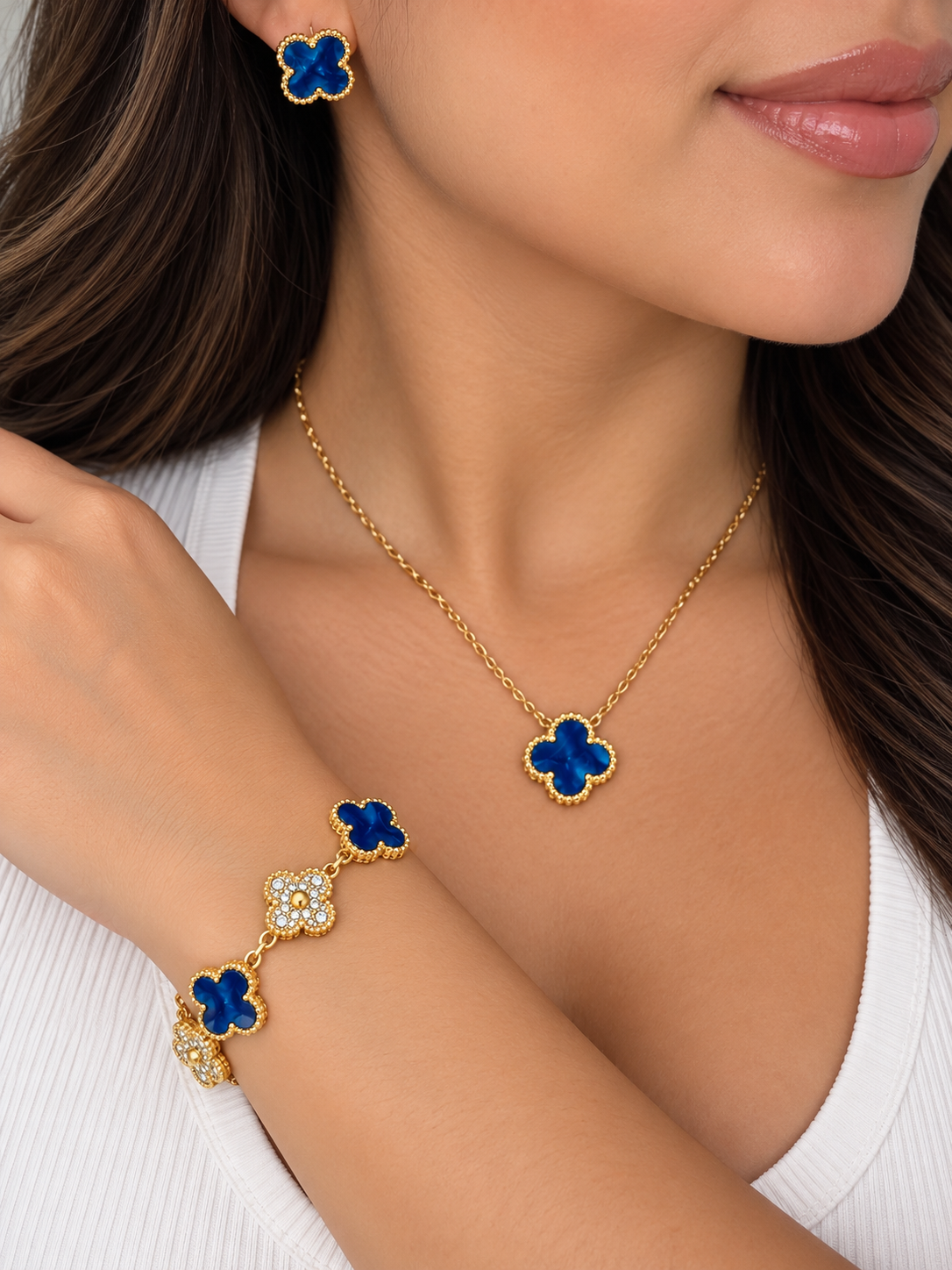 Royal Blue & Gold Clover Jewelry Set