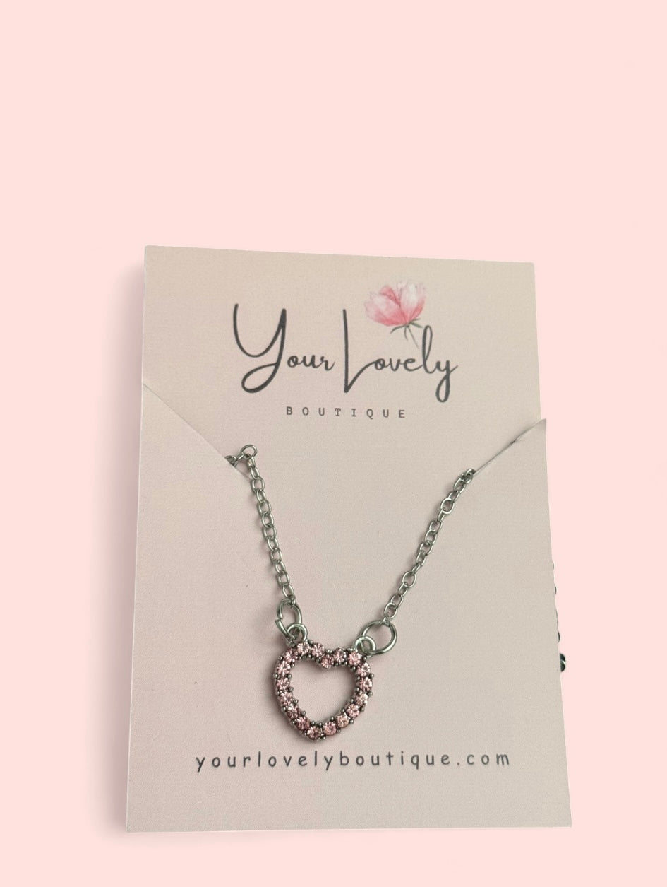 Silver Pink Heart Rhinestone Necklace