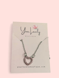Silver Pink Heart Rhinestone Necklace