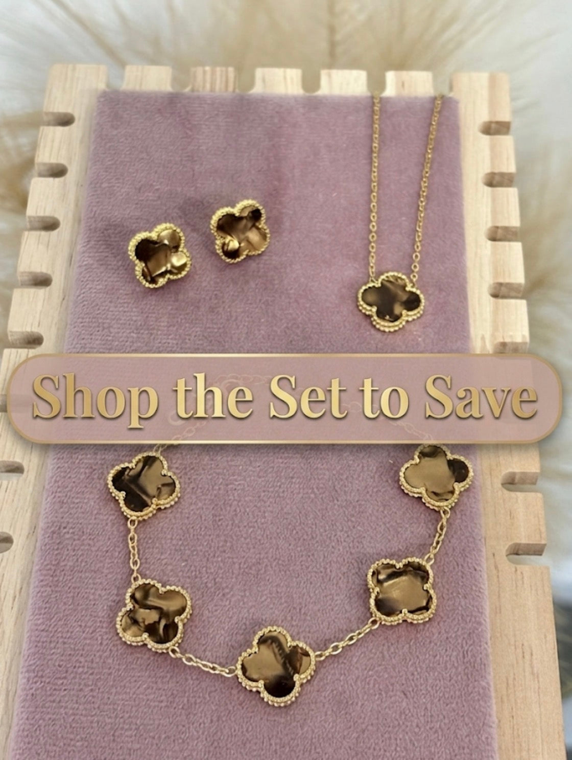 Brown Enamel Clover Stainless Steel Jewelry Set: Necklace, Earrings, Bracelet