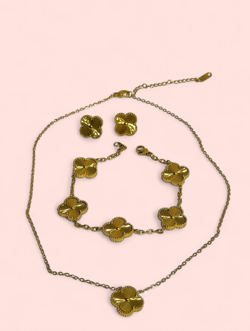 Gold Clover Stainless Steel Jewelry Set: Necklace, Earrings, Bracelet