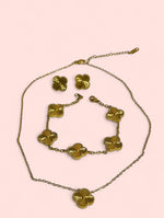 Load image into Gallery viewer, Gold Clover Stainless Steel Jewelry Set: Necklace, Earrings, Bracelet
