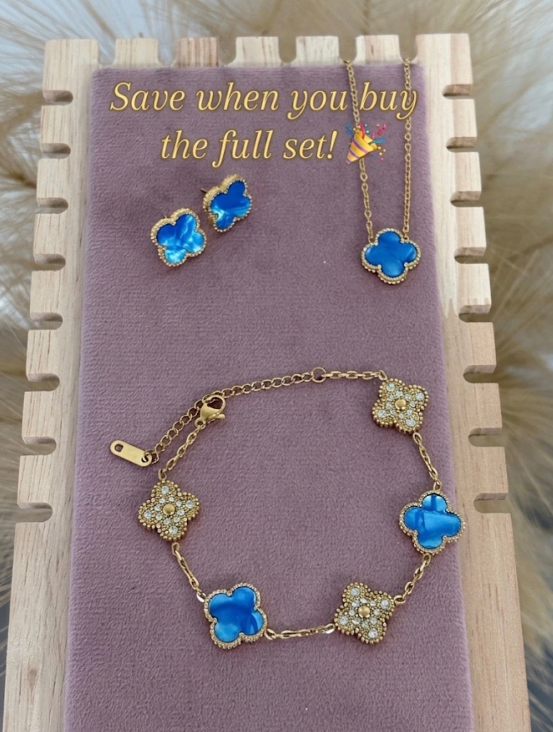 Sky Baby Blue Enamel Clover Stainless Steel Jewelry Set: Necklace, Earrings, Bracelet