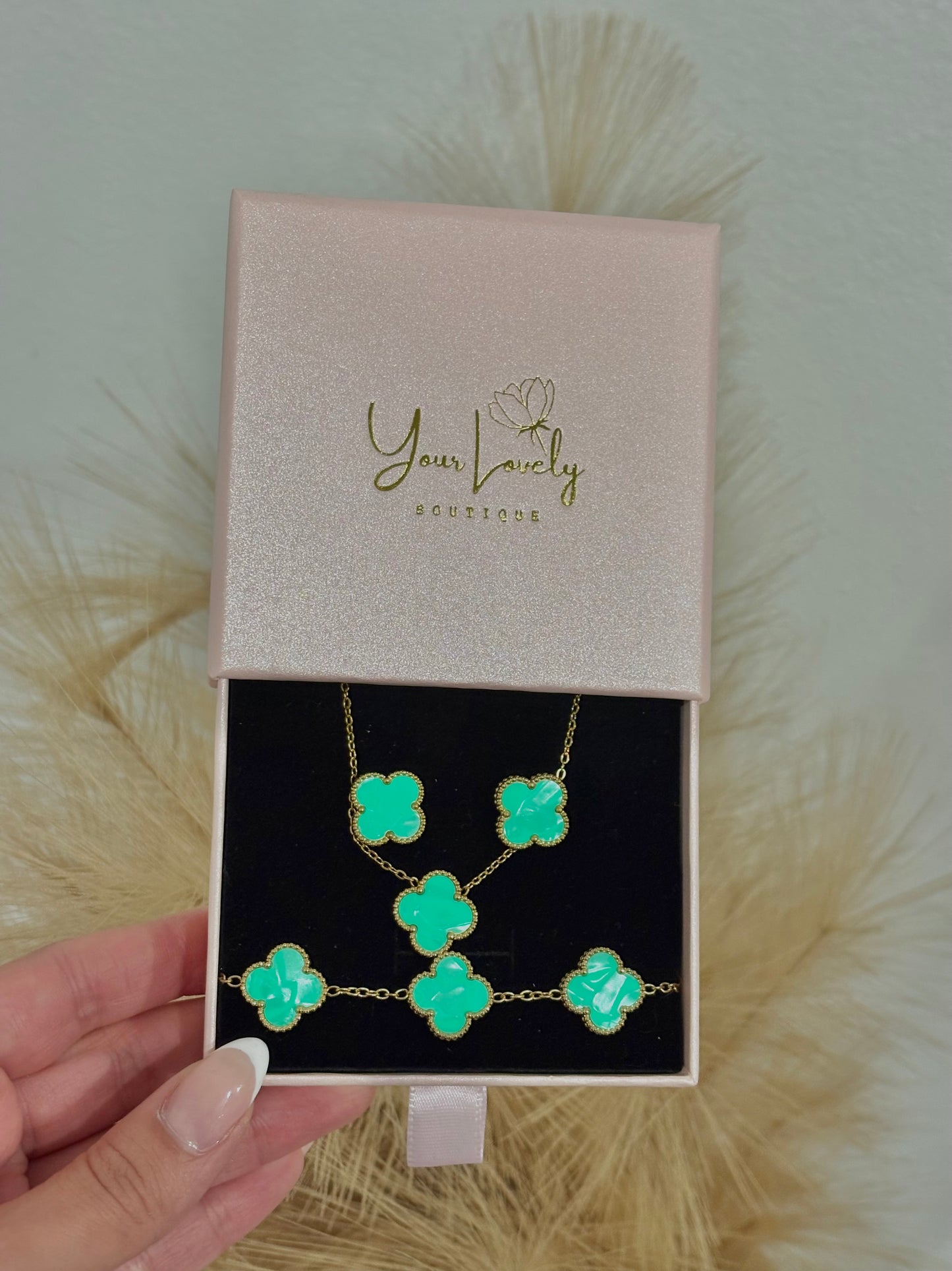 Mint Green Clover Stainless Steel Jewelry Set: Necklace, Earrings, Bracelet
