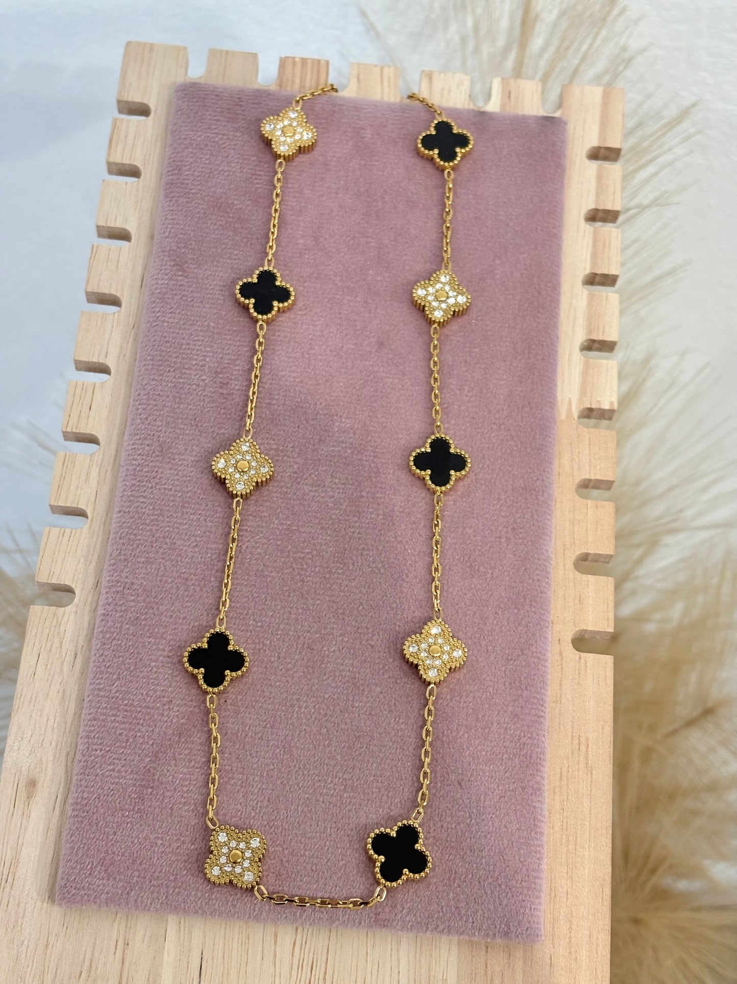 Classic Black Onyx Style 10-Clover Long Station Necklace - Gold & Rhinestone (Stainless Steel)