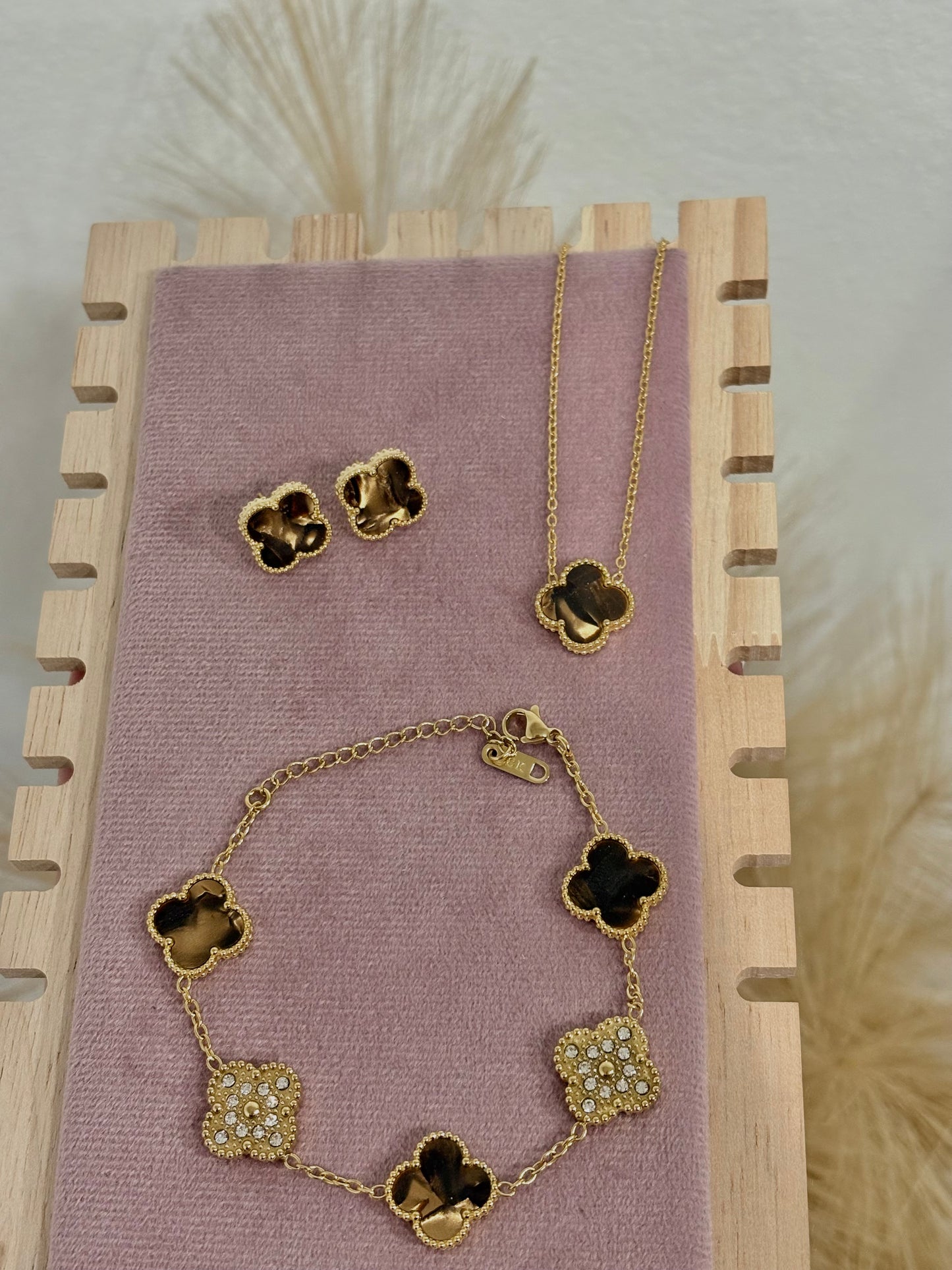Brown Enamel & Gold Zirconia Clover Stainless Steel Jewelry Set: Necklace, Earrings, Bracelet