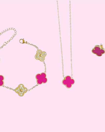 Magenta & Gold Clover Stainless Steel Jewelry Set: Necklace, Earrings, Bracelet