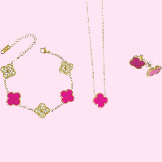 Magenta & Gold Clover Stainless Steel Jewelry Set: Necklace, Earrings, Bracelet