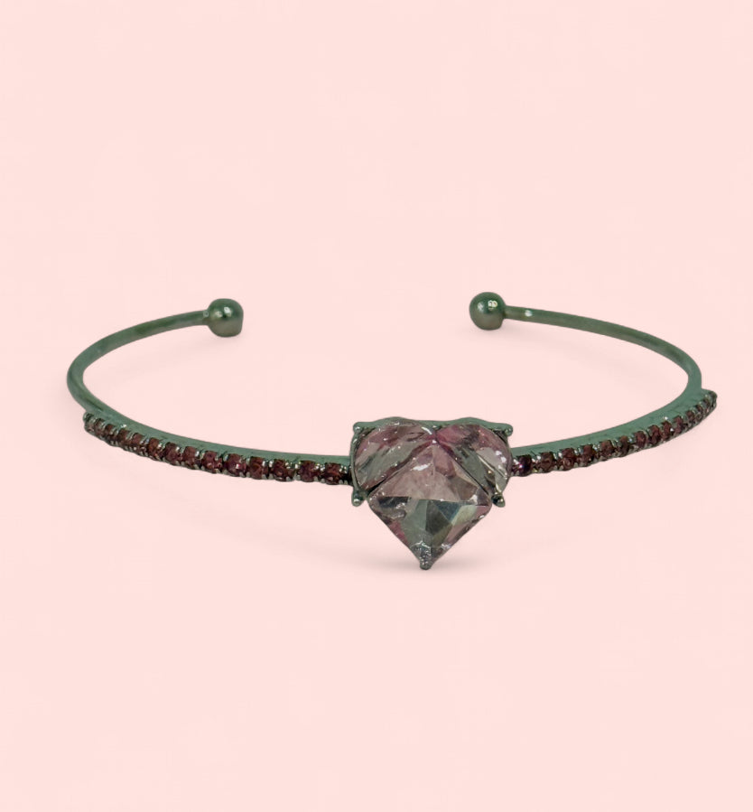 Pink Heart Rhinestone Silver Cuff Bracelet
