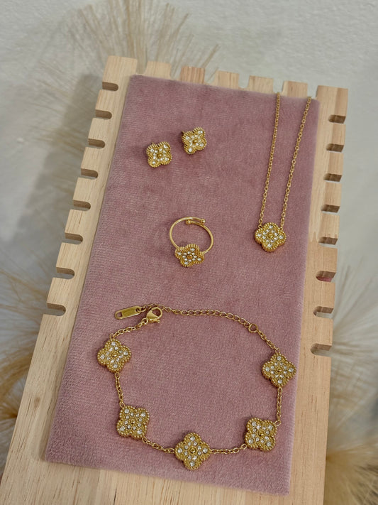 Gold Rhinestone Clover Stainless Steel Jewelry Set: Necklace, Earrings, Bracelet, Ring