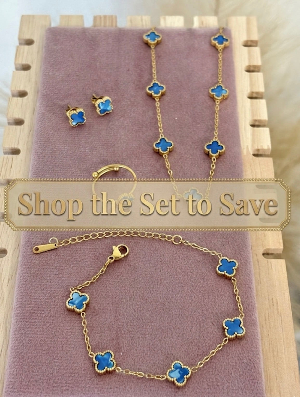 Blue Enamel Baby Clover Stainless Steel Jewelry Set: Necklace, Earrings, Bracelet, Ring