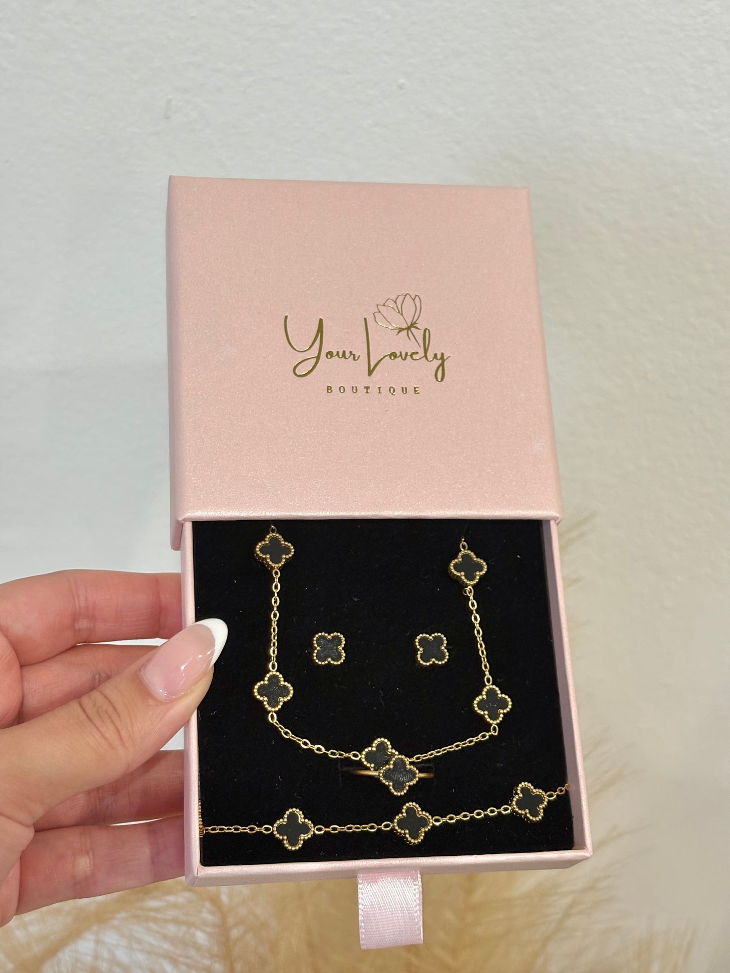 Classic Black Baby Clover Stainless Steel Jewelry Set: Necklace, Earrings, Bracelet, Ring